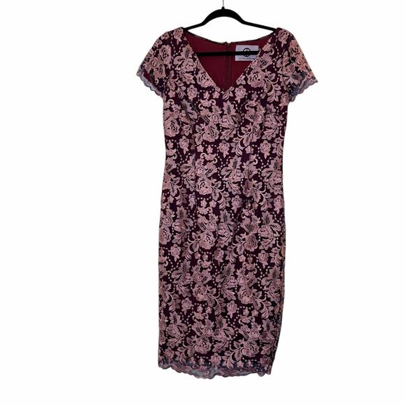JS Collections V-Neck Floral Embroidered Mesh Cocktail Dress in Burgundy - Picture 2 of 9